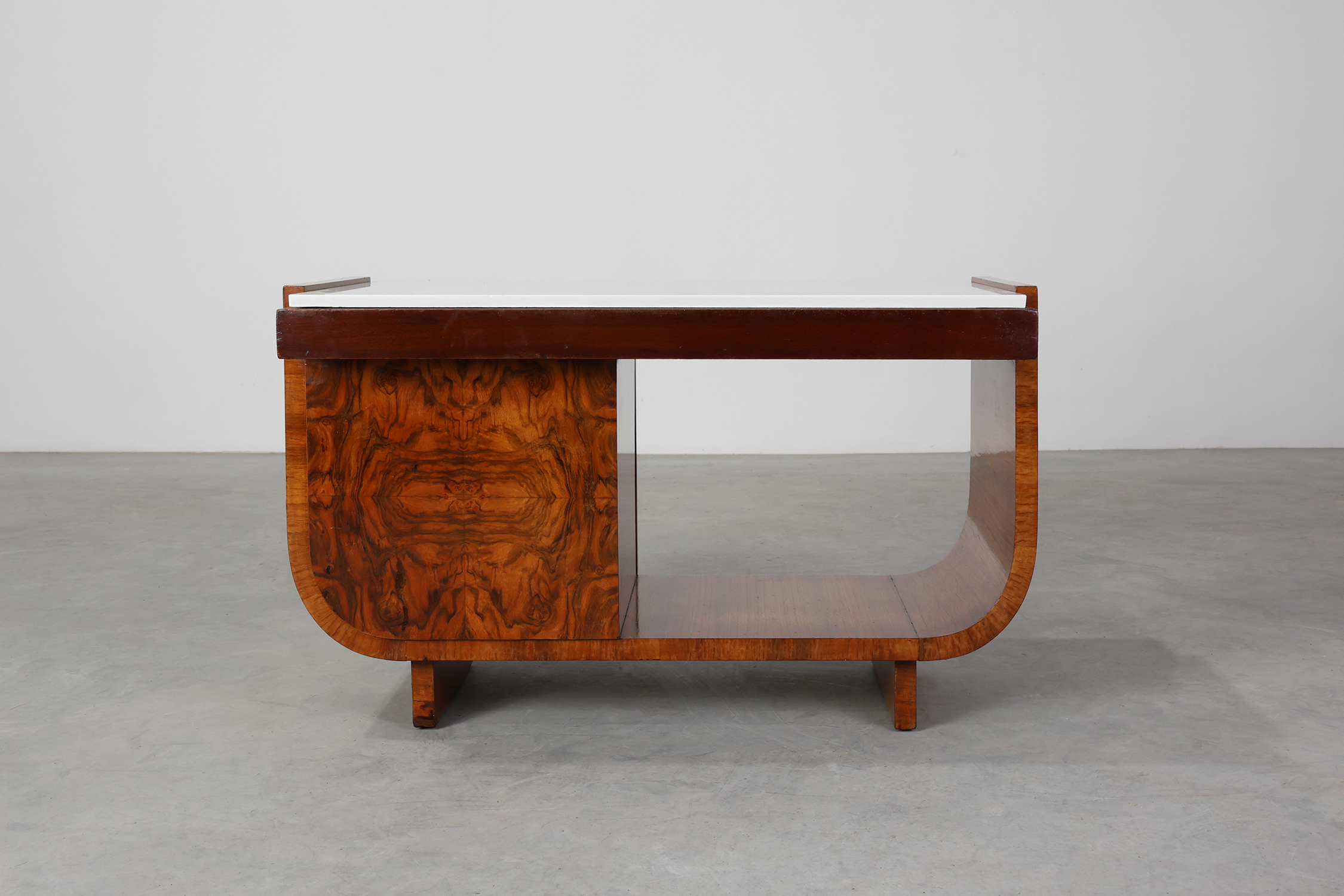 Belgian Art Deco Cabinet in Burl Veneer with Marble and Glass, circa 1930thumbnail